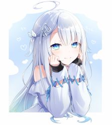 Rule 34 | 1girl, ahoge, amatsuka uto, blue eyes, blue hair, eyebrows hidden by hair, gradient hair, hair ornament, hairclip, hands on own face, highres, indie virtual youtuber, light blush, long hair, looking at viewer, memeno, multicolored hair, silver hair, smile, solo, two side up, virtual youtuber, wing hair ornament
