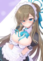 Rule 34 | 1girl, asuna (blue archive), bad id, bad twitter id, between breasts, blue archive, blue eyes, blush, breasts, brown hair, cleavage, gloves, halo, headphones, highres, large breasts, maid, maid headdress, mikaze oto, mole, mole on breast, portrait, ribbon, simple background, smile, solo, sweat