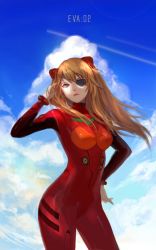 Rule 34 | 10s, 1girl, adjusting hair, aqua eyes, bodysuit, bracer, breasts, closed mouth, cloud, cloudy sky, contrail, copyright name, cowboy shot, day, evangelion: 3.0 you can (not) redo, eyepatch, female focus, floating hair, from side, hair ornament, hair over shoulder, hand in own hair, hand on own hip, hand up, headgear, legs apart, long hair, looking at viewer, matching hair/eyes, medium breasts, neon genesis evangelion, no gloves, orange eyes, orange hair, outdoors, phonic, pilot suit, plugsuit, rebuild of evangelion, serious, sky, solo, souryuu asuka langley, standing, turtleneck