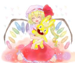 Rule 34 | 1girl, :d, ^ ^, blonde hair, blush, closed eyes, coolier, crossover, crystal, cuddles (happy tree friends), demon wings, dress, female focus, flandre scarlet, full body, happy tree friends, hat, mob cap, oekaki, open mouth, puffy short sleeves, puffy sleeves, rabbit, red dress, short sleeves, simple background, sitting, smile, solo, stuffed animal, stuffed rabbit, stuffed toy, touhou, wariza, white background, wings