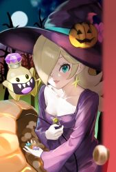 Rule 34 | 1girl, blonde hair, blue eyes, brooch, candy, collarbone, door, dress, earrings, eyelashes, food, full moon, hair over one eye, halloween, halloween bucket, hat, highres, holding, holding candy, holding food, jewelry, kurere1202, long sleeves, looking at viewer, luma (mario), mario (series), mario kart, mario kart tour, moon, night, nintendo, open mouth, purple dress, purple headwear, rosalina, rosalina (halloween), star (symbol), star brooch, star earrings, upper body, witch, witch hat