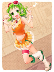 Rule 34 | 1girl, boots, breasts, cleavage, dutch angle, female focus, full body, goggles, goggles on head, green eyes, green hair, gumi, headphones, koyama rikako, bridal garter, matching hair/eyes, md5 mismatch, medium breasts, midriff, musical note, navel, open mouth, outdoors, partially colored, short hair, skirt, smile, solo, standing, standing on one leg, vocaloid, wrist cuffs