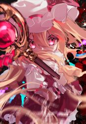 Rule 34 | 1girl, ascot, beret, blonde hair, crystal, flandre scarlet, hair between eyes, hat, highres, holding, holding staff, long hair, looking at viewer, one side up, puffy short sleeves, puffy sleeves, red eyes, red skirt, red vest, ringo no usagi (artist), short sleeves, skirt, solo, staff, touhou, vest, white hat, wings, wrist cuffs, yellow ascot