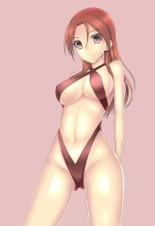 Rule 34 | 1girl, bad id, bad pixiv id, bare shoulders, bikini, breasts, cleavage, criss-cross halter, gluteal fold, halterneck, highleg, highleg swimsuit, highres, large breasts, long hair, looking at viewer, minna-dietlinde wilcke, navel, nmaoh, pink background, pink eyes, red eyes, red hair, simple background, smile, solo, strike witches, swimsuit, world witches series