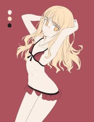 Rule 34 | 1girl, aohashi ame, armpits, arms behind head, arms up, blonde hair, blunt bangs, bra, breasts, color guide, commentary, cowboy shot, dutch angle, english text, frilled bra, frilled panties, frills, glasses, highres, long hair, looking at viewer, navel, no pupils, panties, parted lips, perrine h. clostermann, red background, red bra, red panties, red theme, small breasts, solo, standing, strike witches, string bra, string panties, underwear, underwear only, world witches series, yellow eyes