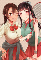 Rule 34 | 2girls, absurdres, badminton racket, bare shoulders, black hair, blush, bow, bowtie, bracelet, braid, breast press, brown eyes, brown hair, cardigan, cardigan around waist, character request, closed mouth, clothes around waist, collared shirt, commentary request, cowboy shot, grin, hair between eyes, hair bow, hand on another&#039;s shoulder, hand on own hip, highres, holding, holding racket, jewelry, koyurugi shiina, long hair, long sidelocks, looking at viewer, multiple girls, official art, one eye closed, pleated skirt, polka dot, polka dot background, polka dot bowtie, polka dot shirt, ponytail, racket, red bow, red bowtie, red eyes, red skirt, school uniform, shiny skin, shirt, shousetsu no kamisama, simple background, skirt, skirt tug, smile, sweatdrop, teeth, tenacitysaho, white wristband, wing collar