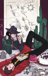 Rule 34 | 2boys, arms behind head, arsene lupin iii, beard, black hair, book, brown hair, cactus, cake, cigarette, commentary request, covered eyes, cup, drinking, facial hair, food, gelatin, hat, highres, holding, holding cup, indoors, jigen daisuke, lupin iii, lying, male focus, map, multiple boys, on back, one eye closed, short hair, sideburns, sitting, smoke, smoking, table, tea, teacup, urourooooo