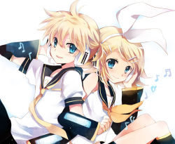 Rule 34 | 1boy, 1girl, bad id, bad pixiv id, blonde hair, blue eyes, brother and sister, detached sleeves, hair ornament, hairclip, hara yui, headphones, kagamine len, kagamine rin, necktie, short hair, siblings, twins, vocaloid, yellow necktie