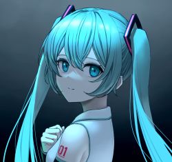 Rule 34 | 1girl, aqua eyes, aqua hair, breasts, commentary, detached sleeves, from side, gradient background, grey background, hair ornament, hand on own chest, hatsune miku, kawara pigeon, long hair, looking at viewer, shoulder tattoo, small breasts, solo, tattoo, twintails, upper body, vocaloid