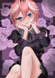 Rule 34 | 1girl, absurdres, belt, black belt, black border, black choker, black dress, black hairband, black ribbon, blue eyes, blush, border, breasts, choker, chrochlomyl, commentary request, detached sleeves, dress, eyelashes, feet out of frame, floral background, flower, frilled sleeves, frills, gradient hair, hair between eyes, hairband, hands on own face, highres, hololive, knee up, medium breasts, medium hair, multicolored hair, neck ribbon, open mouth, pink hair, purple background, purple dress, purple flower, ribbon, shadow, short dress, short sleeves, sitting, solo, takane lui, thighs, two-tone dress, virtual youtuber