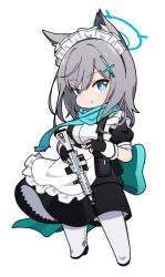 Rule 34 | 1girl, alternate costume, animal ear fluff, animal ears, apron, black dress, black gloves, blue archive, blue eyes, boots, chibi, dress, enmaided, fingerless gloves, frilled apron, frills, full body, gloves, grey hair, gun, hair between eyes, halo, highres, holding, holding gun, holding weapon, looking at viewer, maid, maid headdress, nyaru (nyaru 4126), parted lips, puffy short sleeves, puffy sleeves, shiroko (blue archive), short sleeves, simple background, solo, standing, thigh boots, weapon, white apron, white background, white footwear