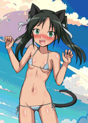 Rule 34 | 1girl, animal ears, bikini, blush, breasts, cat ears, cat tail, cyber (cyber knight), fang, francesca lucchini, green eyes, green hair, highres, long hair, looking at viewer, navel, open mouth, small breasts, smile, solo, strike witches, striped bikini, striped clothes, swimsuit, tail, twintails, world witches series