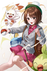 Rule 34 | 1girl, :d, absurdres, backpack, bag, bob cut, brown bag, brown eyes, brown hair, cable knit, cardigan, collared dress, commentary request, creatures (company), dress, game freak, gen 8 pokemon, gloria (pokemon), green headwear, grey cardigan, grookey, hat, highres, holding, holding poke ball, holding strap, hooded cardigan, nintendo, open mouth, pink dress, poke ball, poke ball (basic), pokemon, pokemon (creature), pokemon swsh, scorbunny, short hair, smile, sobble, starter pokemon trio, tam o&#039; shanter, teeth, tongue, toto05 08, upper teeth only
