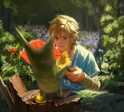 Rule 34 | 1boy, absurdres, blonde hair, blue eyes, bush, collarbone, earrings, field, flower, flower field, hat, highres, holding, holding flower, jewelry, korok, link, long sleeves, looking at another, lower teeth only, male focus, nature, nintendo, outdoors, pointy ears, signature, smile, solo, teeth, tehwi, the legend of zelda, the legend of zelda: breath of the wild, tree, tree stump, tunic, white flower, yellow flower