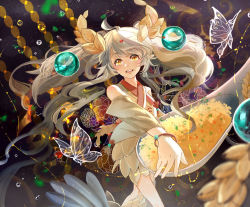 Rule 34 | 1girl, bug, butterfly, chinese clothes, detached sleeves, dress, food-themed hair ornament, food fantasy, highres, insect, long hair, multicolored hair, rice (food fantasy), rice hair ornament, smile, solo, spoon, twintails, weapon, white hair, yellow eyes
