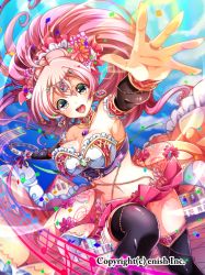 Rule 34 | 1girl, breasts, cleavage, clip studio paint (medium), dancer, day, dragon tactics, earrings, flower, hair flower, hair ornament, house, instrument, jewelry, large breasts, long hair, looking at viewer, midriff, musical note, navel, official art, pink hair, ponytail, smile, solo, tambourine, teltelhousi, thighhighs, yellow eyes