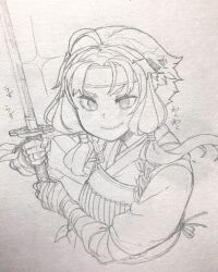 Rule 34 | 1girl, ahoge, arm wrap, armor, blush, commentary request, cropped torso, dou, excited, forehead protector, glint, graphite (medium), greyscale, hands up, highres, holding, japanese armor, japanese clothes, kimono, long sleeves, looking at viewer, monochrome, short hair with long locks, simple background, smile, solo, toriniku29, traditional media, two-handed, vocaloid, voiceroid, yuzuki yukari