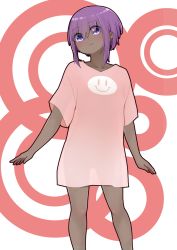 Rule 34 | 1girl, :3, blush, closed mouth, collarbone, dark-skinned female, dark skin, fate/prototype, fate/prototype: fragments of blue and silver, fate (series), hair between eyes, hassan of serenity (fate), head tilt, highres, i.u.y, pink shirt, print shirt, purple eyes, purple hair, red background, see-through, see-through silhouette, shirt, short hair, short sleeves, smiley face, solo, standing, two-tone background, white background