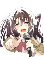 Rule 34 | 10s, 1girl, :d, bad id, bad twitter id, brown eyes, brown hair, idolmaster, idolmaster cinderella girls, iwasaki takashi, long hair, looking at viewer, microphone, one side up, open mouth, school uniform, shimamura uzuki, side ponytail, smile, solo, sweat
