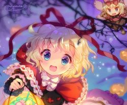 Rule 34 | 1girl, amo (shibu3), animal costume, apron, apron hold, apron tug, bare tree, basket, big bad wolf, big bad wolf (cosplay), black bow, blonde hair, bloomers, blue eyes, blush, bottle, bow, bowtie, branch, bubble skirt, candy, capelet, center frills, cosplay, cupcake, doll, dress shirt, fairy wings, floral print, food, frilled apron, frilled capelet, frilled cuffs, frilled shirt collar, frilled skirt, frilled sleeves, frills, full body, halloween, highres, jack-o&#039;-lantern, layered clothes, lens flare, little red riding hood, little red riding hood (grimm), little red riding hood (grimm) (cosplay), long sleeves, looking at viewer, medicine melancholy, mushroom, night, open mouth, pink shirt, pink skirt, puffy short sleeves, puffy sleeves, pumpkin, red hood, red ribbon, ribbon, ribbon-trimmed vest, ribbon trim, rose print, sash, shirt, short hair, short sleeves, signature, skirt, sleeve cuffs, solo, sparkle, stain, stained clothes, star (symbol), star in eye, striped, su-san, symbol in eye, touhou, tree, underwear, wavy hair, white bow, wings, wolf costume