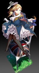 Rule 34 | 1girl, azur lane, blonde hair, blue eyes, breasts, capelet, chair, cup, earrings, gloves, gt-apex, hair over shoulder, hat, highres, hood (azur lane), jewelry, large breasts, long hair, pantyhose, solo, tea, teacup, union jack, white gloves