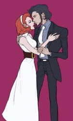 Rule 34 | 1boy, 1girl, beard, black hair, cicciolina (lupin iii), closed mouth, commentary, dress, eye contact, face-to-face, facial hair, formal, hairband, highres, jigen daisuke, lips, lipstick, looking at another, lupin iii, lupin the third: mine fujiko to iu onna, makeup, matchi, nail polish, necktie, red hair, red nails, short hair, sideburns, simple background, sleeveless, standing, suit, white dress, white hairband, white necktie