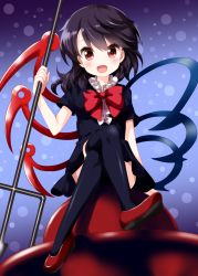 Rule 34 | 1girl, asymmetrical wings, black dress, black hair, black thighhighs, blue background, blue wings, bow, bowtie, center frills, crossed legs, dotted background, dress, frills, gradient background, hair between eyes, highres, holding, holding polearm, holding weapon, houjuu nue, looking at viewer, medium hair, open mouth, polearm, red bow, red bowtie, red eyes, red footwear, red wings, ruu (tksymkw), short sleeves, sitting, sitting on object, smile, solo, thighhighs, touhou, trident, ufo, weapon, wings