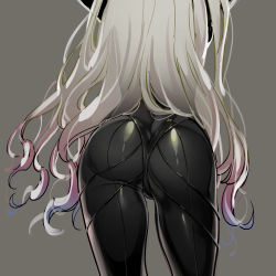 Rule 34 | 1girl, a-91 (girls frontine), absurdres, ass, ass focus, black bodysuit, bodysuit, from behind, girls&#039; frontline, grey background, highres, leather, leather pants, long hair, lower body, multicolored hair, pants, pink hair, purple hair, simple background, skin tight, solo, ushi (newrein), white hair