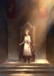 Rule 34 | 1boy, banner, blonde hair, blue eyes, boots, brown footwear, clenched hand, closed mouth, crown, frown, indoors, jowell she, king arthur, looking at viewer, male focus, original, outstretched hand, robe, sheath, sheathed, short sleeves, solo, stairs, standing, sunlight, sword, throne, weapon