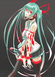 Rule 34 | 1girl, aqua hair, cuffs, handcuffs, hatsune miku, kauto, long hair, looking at viewer, necktie, open mouth, red eyes, skirt, smile, solo, thighhighs, twintails, very long hair, vocaloid, zettai ryouiki