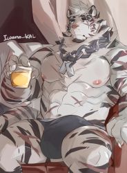 Rule 34 | 1boy, absurdres, animal ears, arknights, bara, black male underwear, briefs, bulge, chain, chain necklace, cup, dog tags, drinking glass, erection, erection under clothes, furry, furry male, highres, iwano kal, jewelry, large pectorals, looking at viewer, male focus, male underwear, mountain (arknights), muscular, muscular male, necklace, nipples, pectorals, scar, scar across eye, scar on arm, scar on chest, scar on face, scar on leg, scar on stomach, short hair, sidepec, sitting, solo, tiger boy, tiger ears, underwear, underwear only, white fur, white hair, wine glass