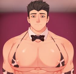Rule 34 | 1boy, absurdres, animal print, bara, bikini, black hair, blurry, blurry background, bow, bowtie, closed mouth, covered erect nipples, cow print, cow print bikini, detached collar, francis mosses, highres, large pectorals, looking at viewer, male focus, muscular, muscular male, pectorals, print bikini, rapbitan, shirt, short hair, solo, swimsuit, that&#039;s not my neighbor, white shirt