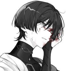 Rule 34 | 1boy, anger vein, blood, blood on face, blood on hands, genshin impact, greyscale, hair between eyes, hand on own cheek, hand on own face, highres, japanese clothes, male focus, mandarin collar, mnce o, monochrome, parted lips, portrait, scaramouche (genshin impact), simple background, solo, spot color, veins, wanderer (genshin impact), white background