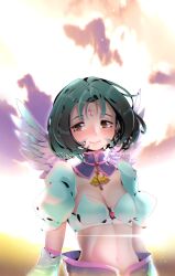 Rule 34 | .hack//, .hack//sign, 1girl, abs, angel, angel wings, artist name, averting eyes, blue bra, blue hair, blue sleeves, blush, bob cut, bra, breasts, brown eyes, cleavage, closed mouth, cloud, cloudy sky, commentary, detached collar, detached sleeves, dusk, facial mark, feathered wings, floating hair, hakkasame, highres, lens flare, light smile, looking to the side, midriff, navel, nose blush, orange sky, outdoors, parted bangs, puffy short sleeves, puffy sleeves, sad smile, short hair, short sleeves, signature, sky, small breasts, smile, solo, subaru (.hack//), sunset, toned, underwear, upper body, wind, wings