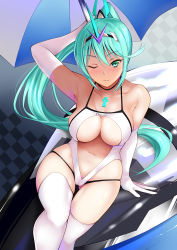 Rule 34 | 1girl, ;d, absurdres, alternate costume, armpits, bare shoulders, blush, breasts, center opening, chest jewel, cleavage, collarbone, daive, gem, green eyes, green hair, hair ornament, headpiece, highres, jewelry, large breasts, leotard, long hair, looking at viewer, navel, nintendo, one eye closed, open mouth, pneuma (xenoblade), smile, solo, spoilers, swept bangs, thighhighs, thighs, tiara, very long hair, white leotard, xenoblade chronicles (series), xenoblade chronicles 2