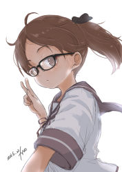 Rule 34 | 1girl, absurdres, artist name, bespectacled, black-framed eyewear, brown hair, brown sailor collar, dated, fyuo, glasses, highres, kantai collection, looking at viewer, one-hour drawing challenge, ponytail, sailor collar, school uniform, serafuku, shikinami (kancolle), shirt, short hair, simple background, smile, solo, upper body, v, white background, white shirt