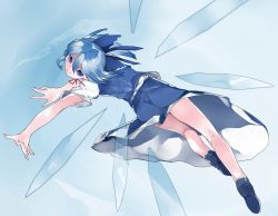 Rule 34 | 1girl, action, adapted costume, blue eyes, blue footwear, blue hair, blue skirt, blue sky, blue vest, cirno, contortion, day, dress, fingernails, flexible, from below, hair ribbon, ice, ice wings, ikurauni, kneepits, looking at viewer, looking back, looking down, outstretched arm, ribbon, shirt, shoes, short hair, short sleeves, skirt, skirt set, sky, slit pupils, smile, solo, thighs, touhou, vest, white shirt, wings