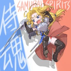 Rule 34 | 1girl, armor, belt, black gloves, black thighhighs, blonde hair, blue eyes, blush, blush stickers, boots, breastplate, charlotte christine de colde, french flag, gloves, high heels, isedaichi ken, long hair, low-tied long hair, panties, pantyshot, pauldrons, rapier, samurai spirits, shoes, shoulder armor, solo, striped clothes, striped panties, sword, text focus, thigh boots, thighhighs, translation request, underwear, upskirt, weapon
