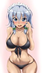 Rule 34 | 1girl, alternate breast size, bikini, black bikini, blue eyes, blue hair, blush, bow, braid, breast hold, breasts, commentary request, cowboy shot, hair bow, hand up, highres, izayoi sakuya, large breasts, looking at viewer, maid headdress, masegohan, open mouth, ribbon, sweat, sweatdrop, swimsuit, tan, thick thighs, thighs, touhou, twin braids, wide hips