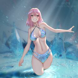 Rule 34 | 1girl, absurdres, bare arms, bare shoulders, bikini, blue bikini, commentary, grin, highres, honkai: star rail, honkai (series), looking at viewer, march 7th (honkai: star rail), medium hair, navel, pink hair, redgras, smile, solo, standing, stomach, swimsuit, thighs, wading