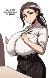 Rule 34 | 1girl, black hair, breasts, button gap, collared shirt, ear piercing, freckles, huge breasts, mole, mole on arm, mole under eye, multicolored hair, notepad, open mouth, original, pen, piercing, ponytail, roresu, shirt, skirt, solo, streaked hair, thick eyebrows, waitress, white hair