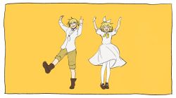 Rule 34 | :d, arms up, blonde hair, bow, evillious nendaiki, gretel (evillious nendaiki), hair bow, hansel (evillious nendaiki), highres, kagamine len, kagamine rin, open mouth, short hair, short sleeves, siblings, sleeves rolled up, smile, twins, vocaloid, warabi (danngo-mitarasi), yellow background