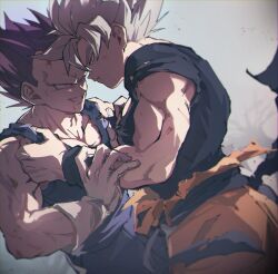 Rule 34 | 2boys, bara, blue bodysuit, bodysuit, clenched teeth, dougi, dragon ball, dragon ball super, gloves, highres, injury, large pectorals, looking at another, male focus, multiple boys, muscular, muscular male, no eyebrows, pectorals, purple hair, short hair, son goku, spiked hair, teeth, torn bodysuit, torn clothes, ultra ego (dragon ball), ultra instinct, vegeta, white gloves, white hair, wristband, yaoi, yutose 0