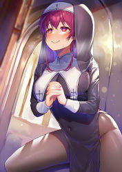 Rule 34 | 1girl, black dress, blush, breasts, brown pantyhose, closed mouth, covered navel, dress, heart, heart-shaped pupils, heterochromia, hololive, houshou marine, houshou marine (nun), indoors, kibanda gohan, large breasts, long hair, long sleeves, nun, own hands clasped, own hands together, pantyhose, pelvic curtain, red eyes, red hair, sitting, smile, sweat, symbol-shaped pupils, veil, virtual youtuber, yellow eyes