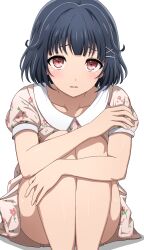 Rule 34 | 1girl, bang dream!, black hair, blunt bangs, blush, brown dress, collarbone, commentary request, convenient leg, dress, feet out of frame, floral print, hair ornament, hand on own arm, hand on own leg, hands up, highres, knees up, looking at viewer, noshimurin, parted lips, print dress, puffy short sleeves, puffy sleeves, raised eyebrows, red eyes, short hair, short sleeves, simple background, sitting, solo, ushigome rimi, white background, x hair ornament