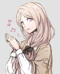 Rule 34 | 1girl, blonde hair, blue eyes, bow, fire emblem, fire emblem: three houses, grey background, hair bow, long hair, long sleeves, low ponytail, mercedes von martritz, nintendo, open mouth, simple background, solo, t misaomaru, upper body