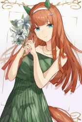 Rule 34 | 1girl, animal ears, blue eyes, blunt bangs, breasts, capelet, closed mouth, commentary request, dress, flower, green dress, grey hairband, hairband, highres, holding, holding flower, horse girl, jewelry, long hair, looking at viewer, medium breasts, name connection, necklace, notice lines, orange hair, pleated dress, red capelet, silence suzuka (umamusume), simple background, smile, solo, standing, tail, umamusume, watage tanpopo, white background