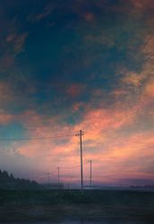 Rule 34 | cloud, cloudy sky, guard rail, highres, mks, no humans, original, outdoors, power lines, scenery, sky, sunset, utility pole