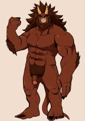 Rule 34 | 1boy, abs, bara, beard, black nails, blank eyes, body fur, completely nude, concept art, dark-skinned male, dark skin, demon boy, demon horns, facial hair, flaccid, full body, furry, furry male, hand up, highres, horns, infel (otsukimi), jewelry, large hands, long hair, looking at viewer, male focus, mature male, muscular, muscular male, navel, necklace, nipples, nude, original, otsukimi, pectorals, penis, pointy ears, solo, standing, stomach, strongman waist, thick eyebrows