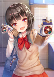 Rule 34 | 1girl, alternate costume, bag, black hair, blush, bottle, bottle to cheek, bow, bowtie, commentary request, contemporary, holding, holding bottle, kono subarashii sekai ni shukufuku wo!, long sleeves, looking at viewer, megumin, open bag, pensuke, pleated skirt, red bow, red bowtie, red eyes, red skirt, school bag, school uniform, short hair with long locks, shoulder bag, skirt, smile, solo, sweater vest